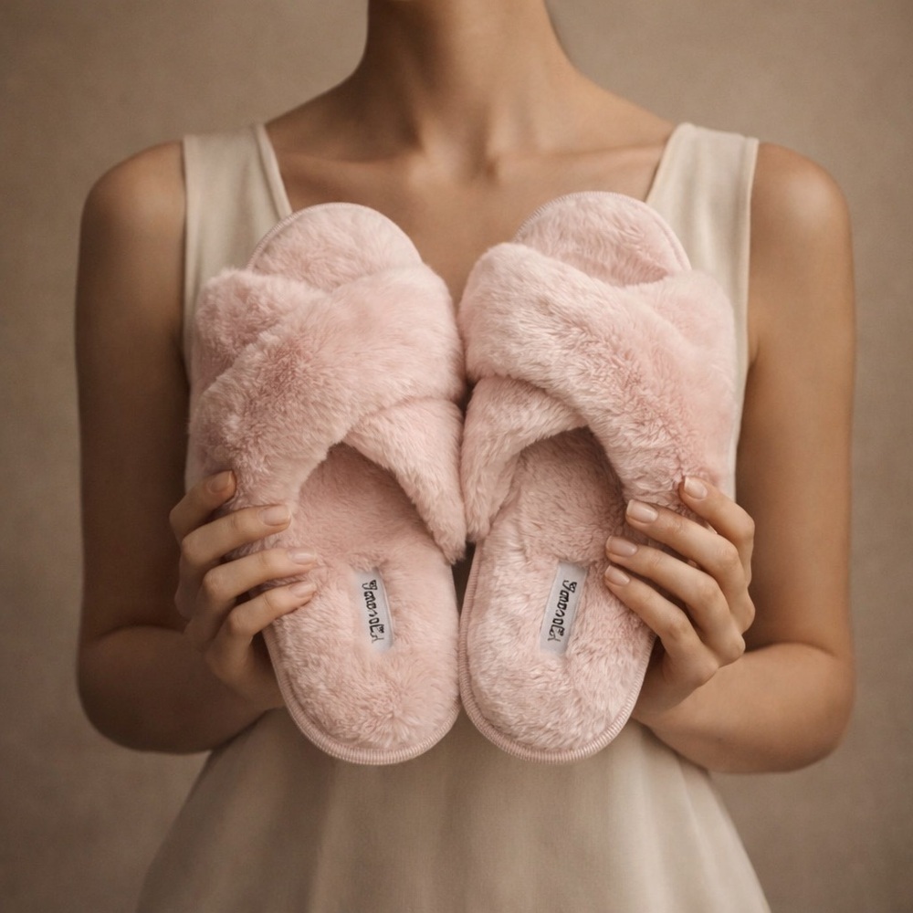 Cozy Pink Faux-Fur Crossband Slippers - Women